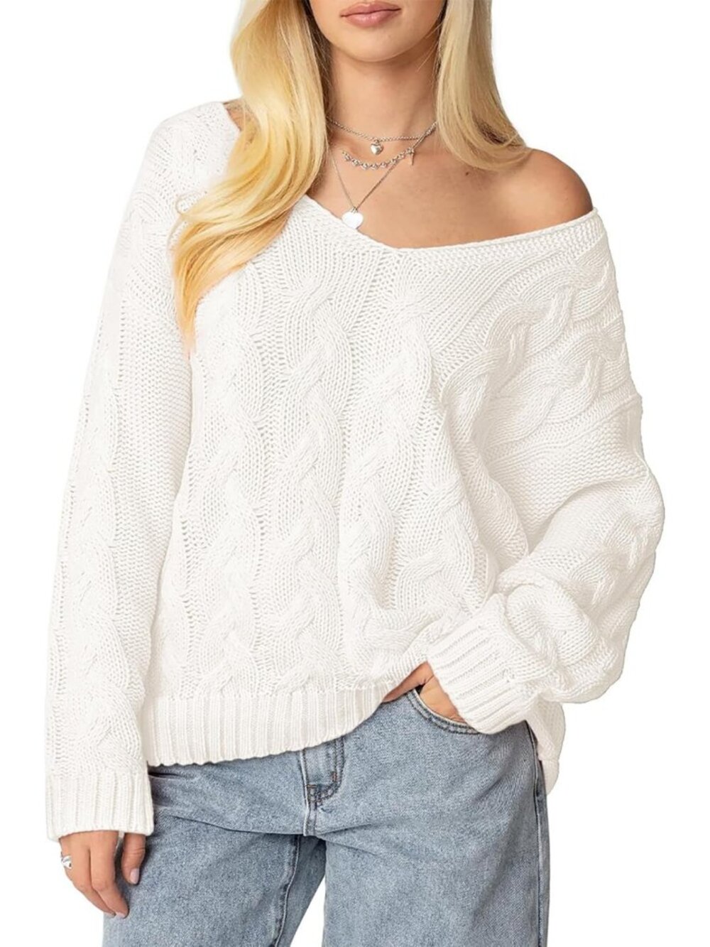 Cozy Oversized Cable Knit Sweater | V-Neck Long Sleeve Pullover Top for Women